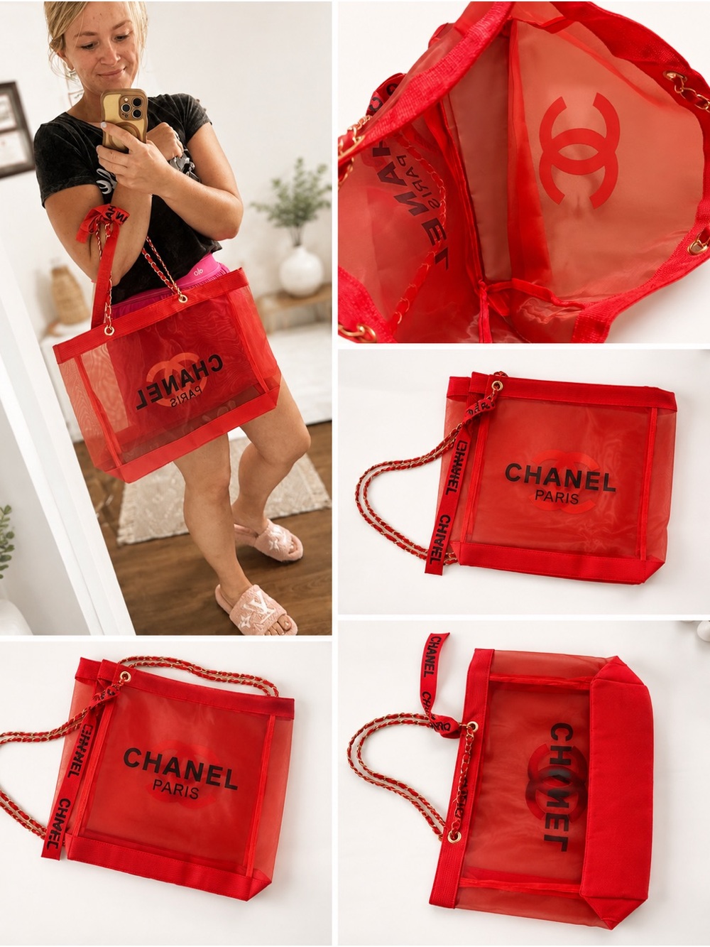 Red Mesh Tote Bag -  Paris